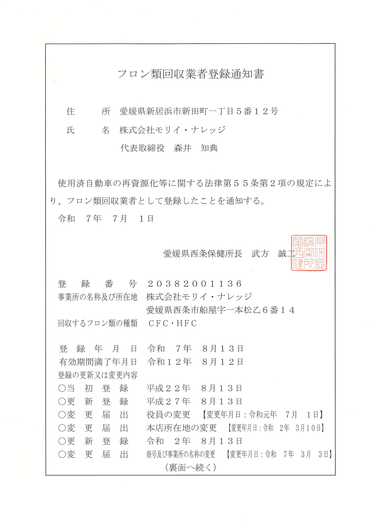 フロン類回収業者登録通知書／愛媛県西条保健所